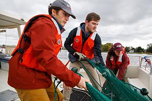 Students pulling a large net onto a boat